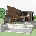 Detached Villa with Unique Gabled Roof Wooden Exterior Geometric Windows Balcony and Garden
