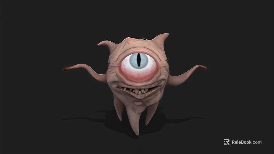 Fleshy Monster Character With Single Large Eye Sharp Teeth And Tentacles 3d model 