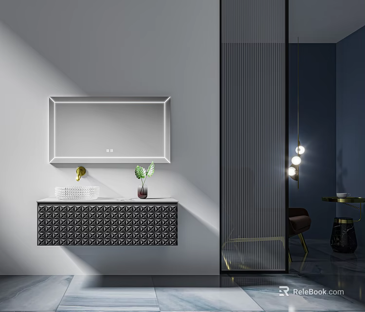 Modern Bathroom Vanity With Rectangular Mirror Potted Plant Patterned Cabinet And Pendant Lights 3d model