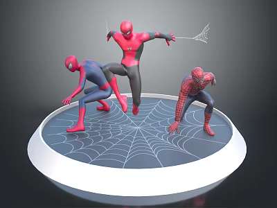 Spider Man Characters In Dynamic Poses On Circular Platform With Spider Web Design 3d model