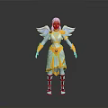 Fantasy Character With White Yellow Costume Red Heart Decoration Red White Boots And Golden Wings