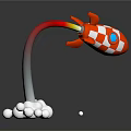 Red and White Checkered Rocket With Jet Flame And White Smoke On Black Background