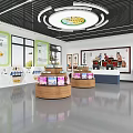 Bright Modern Exhibition Space Featuring Circular Display Counters And Informative Green Panels 3d model