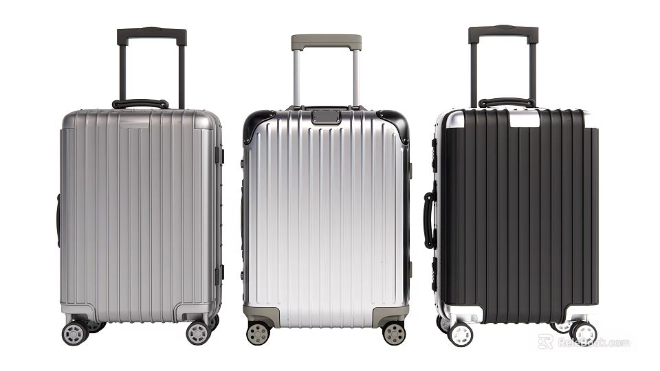 Modern Hard Shell Suitcases in Silver White and Black with Trolley Handle and Wheels 3d model 