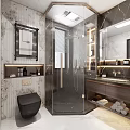 Elegant Modern Bathroom With Marble Walls Transparent Glass Shower Black Toilet And Wall Mounted Shelves