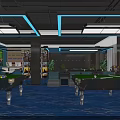 Spacious Well Lit Billiard Room Interior Featuring Multiple Tables Blue Lighting And Blue Carpet Floor