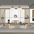 Elegant Tea Room Interior With Wooden Furniture Round Decor Lamps Cushioned Seats And Green Plants