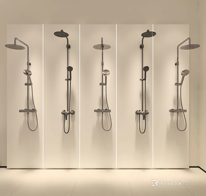 Modern Shower Systems In Various Styles Displayed On White Background Wall 3d model