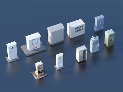Diverse Industrial Equipment Including Control Cabinets Distribution Boxes With Various Colors Shapes And Warning Signs 3d model