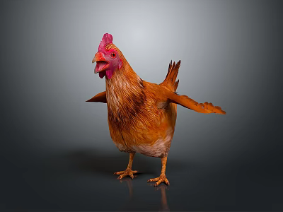 Brown Chicken With Red Comb And Wattles Spreading Wings On Gray Background 3d model
