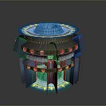 Scenic Futuristic Night Landscape Featuring Circular Multi Layered Structure with Blue and Yellow Lighting