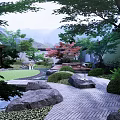 Japanese Style Garden Landscape With Wooden Lattice Gate Pond Stones And Distant Mountains