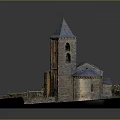 Detailed Brick Church Building Model With Sloped Roof Grass Path And Tower
