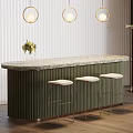 Bar Counter Featuring Marble Top Green Ribbed Cabinet Three White Stools And Round Pendant Lights