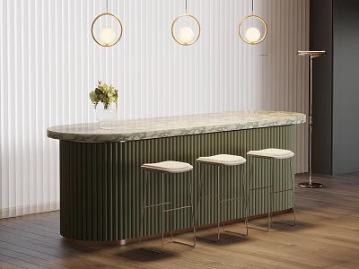 Bar Counter Featuring Marble Top Green Ribbed Cabinet Three White Stools And Round Pendant Lights 3d model