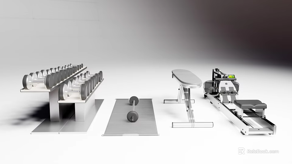 Fitness Sports Equipment Including Dumbbell Rack Barbells Flat Bench And Rowing Machine 3d model 