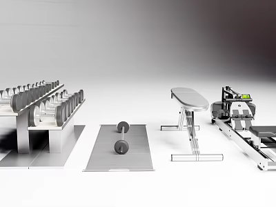 Fitness Sports Equipment Including Dumbbell Rack Barbells Flat Bench And Rowing Machine 3d model