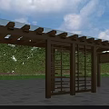Wooden Pergola With Glass Roof And Open Structure Surrounded By Green Trees And Stone Pavement