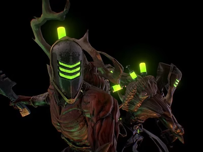 Game Movie Character with Antler Like Headgear Green Glowing Strips and Muscle Texture Body 3d model