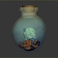 Glass Bottle With Cork Stopper Containing Green Frog And Colorful Stones