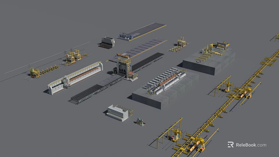 Industrial Equipment Layout with Cranes Conveyors and Production Machinery in Factory 3d model 