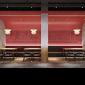 Modern Restaurant Interior With Wooden Ceiling Red Walls Pendant Lights And Dining Areas
