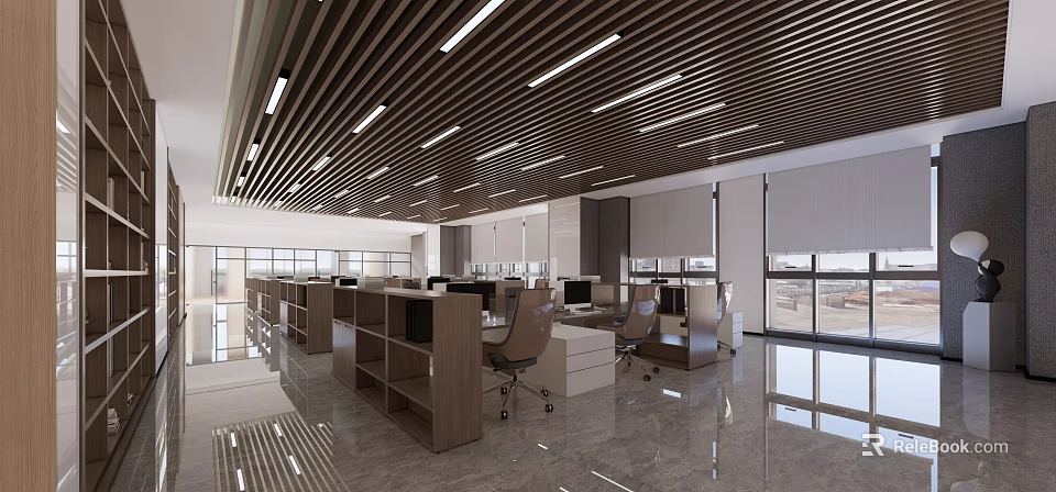 Modern Public Office Space With Open Layout Wooden Slat Ceiling And Ergonomic Workstations 3d model 