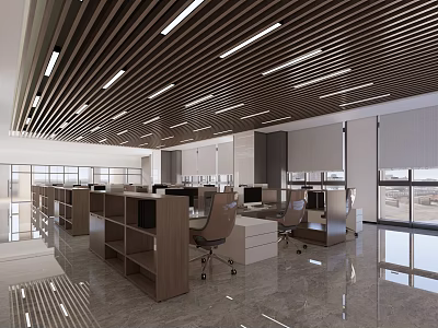 Modern Public Office Space With Open Layout Wooden Slat Ceiling And Ergonomic Workstations 3d model