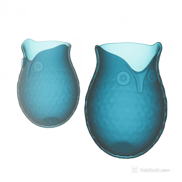 Two Blue Ceramic Owl Shaped Cups With Honeycomb Textured Surface 3d model 