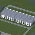 Modern Industrial Factory Building Exterior With Glass Windows White Walls Green Lawn And Blue Sky