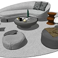 Modern Gray Sofa and Black Coffee Table Set with Orange Chairs and Cozy Gray Ottomans in Living Room