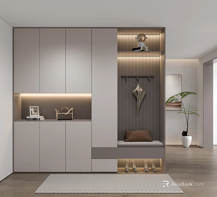 Modern Entryway Cabinet With Side Storage Lighting Coat Hooks And Bench 3d model