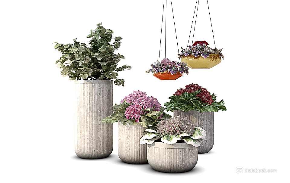 Bonsai Potted Plants With Ceramic Pots Hanging Planters Lush Green Leaves And Colorful Flowers 3d model 