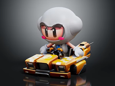 Adorable Pink Cheeks Cartoon Character Driving Yellow Striped Racing Car With White Helmet 3d model