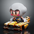 Adorable Pink Cheeks Cartoon Character Driving Yellow Striped Racing Car With White Helmet