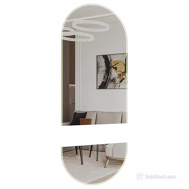 Elegant Oval Wall Mirror In Living Room With Beige Sofa Abstract Art And Pendant Lights 3d model 