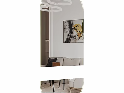 Elegant Oval Wall Mirror In Living Room With Beige Sofa Abstract Art And Pendant Lights 3d model