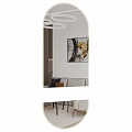 Elegant Oval Wall Mirror In Living Room With Beige Sofa Abstract Art And Pendant Lights