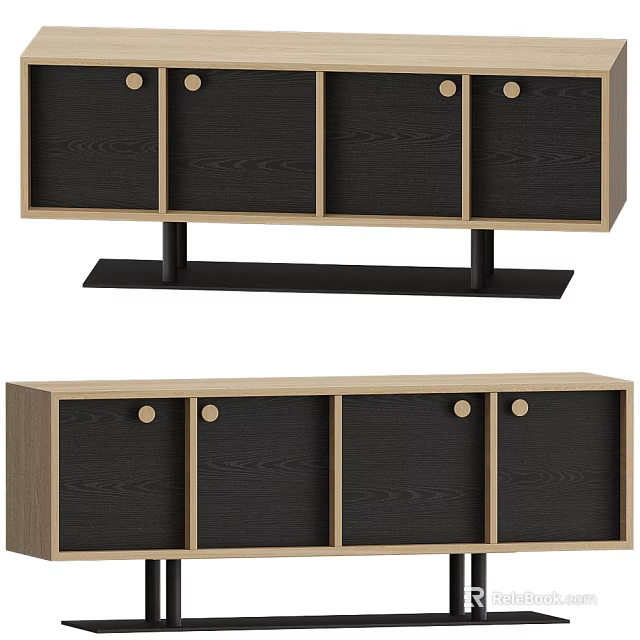 Modern TV Stand Design With Wooden Panels And Black Storage Doors On Metal Base 3d model 