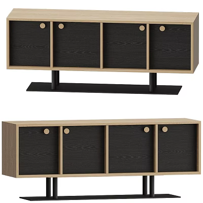Modern TV Stand Design With Wooden Panels And Black Storage Doors On Metal Base 3d model