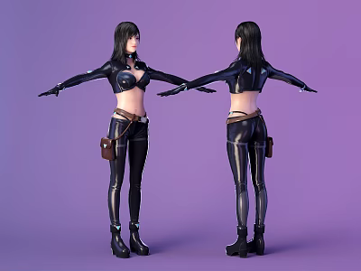Game Character In Black Leather Outfit With Long Black Hair Purple Background Arms Outstretched 3d model