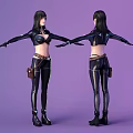 Game Character In Black Leather Outfit With Long Black Hair Purple Background Arms Outstretched