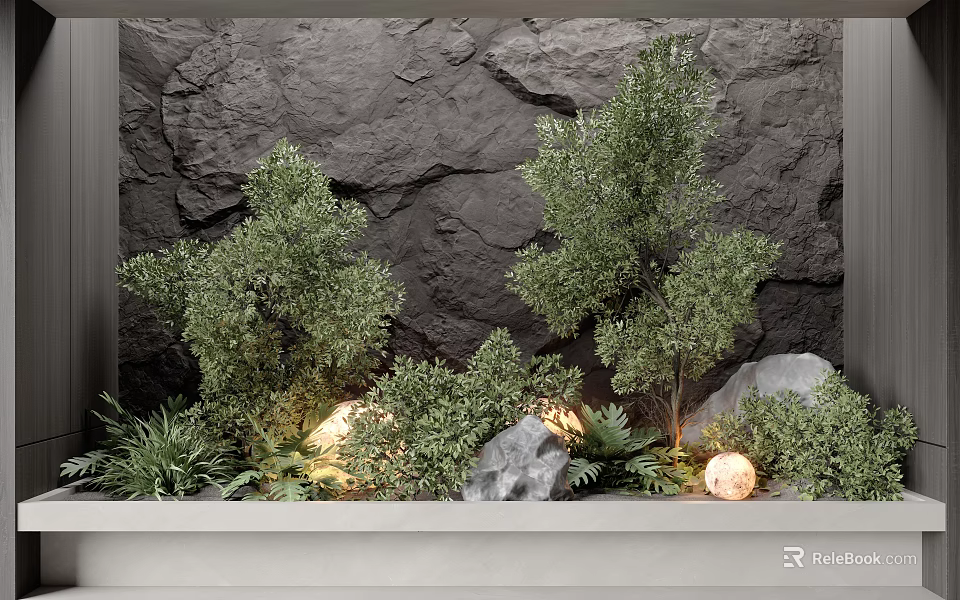 Miniature Garden Scene with Rock Background Small Trees Green Plants Stones and Small Lights 3d model 