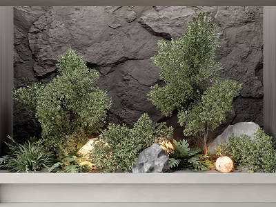 Miniature Garden Scene with Rock Background Small Trees Green Plants Stones and Small Lights 3d model