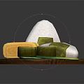 Traditional Asian Food Platter with Rice Dumplings Tamagoyaki and Sushi Rolls on Wooden Plate