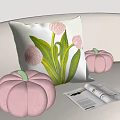 Decorative Throw Pillow With Pink Flowers Green Leaves And Pink Pumpkin Cushions On Light Sofa