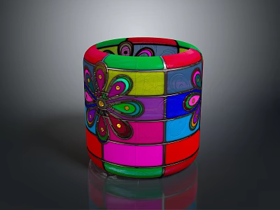 Colorful Cylindrical Household Storage Container With Flower Pattern And Multicolored Blocks 3d model