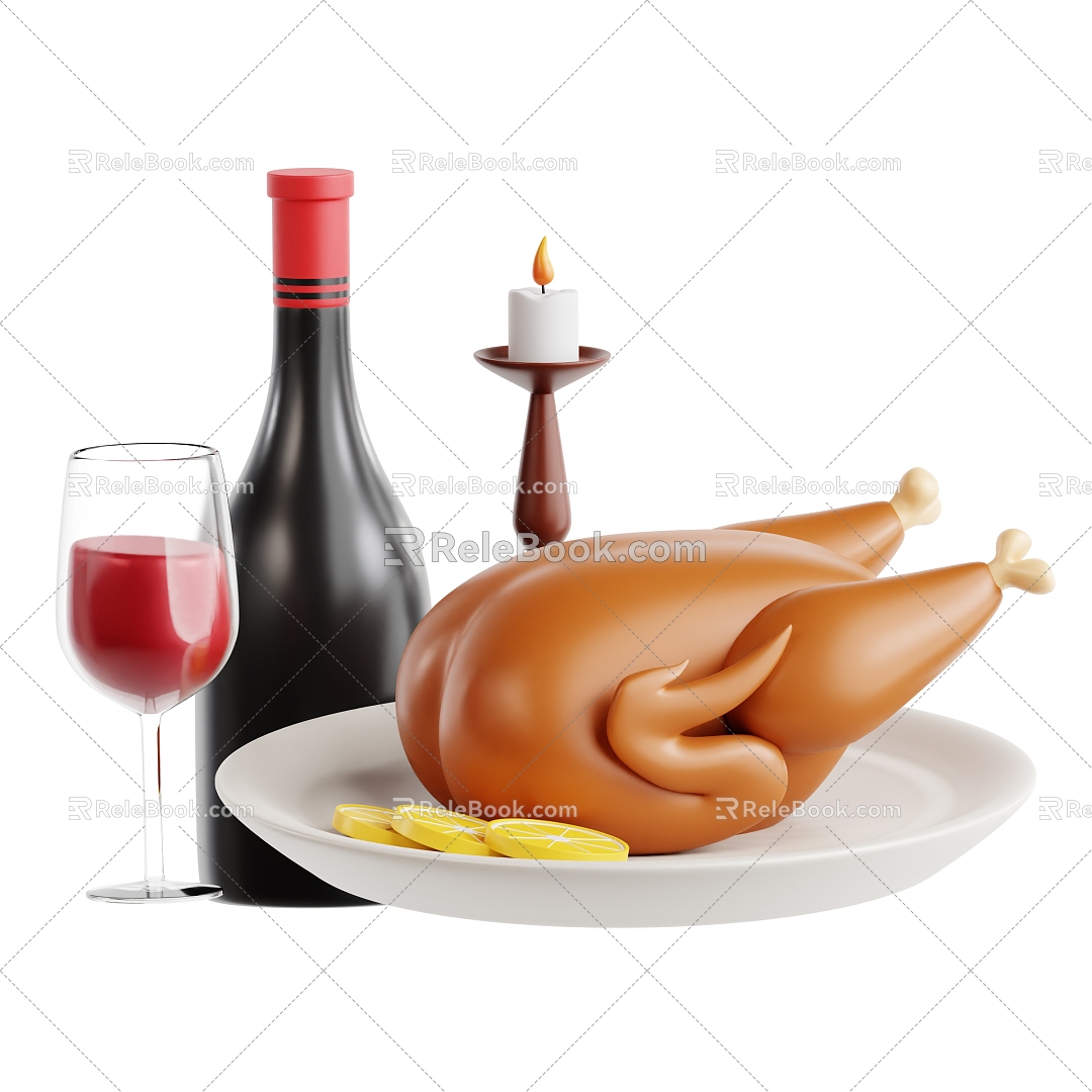 American Dinner Roast Chicken Red Wine Candle Cartoon Dinner Food 3d model