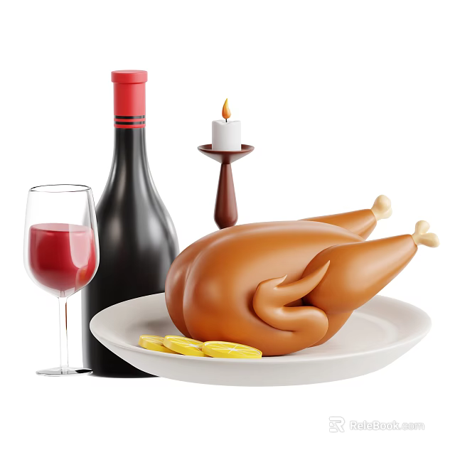 Roast Chicken On White Plate With Lemon Slices Red Wine Glass Bottle And Candle 3d model 