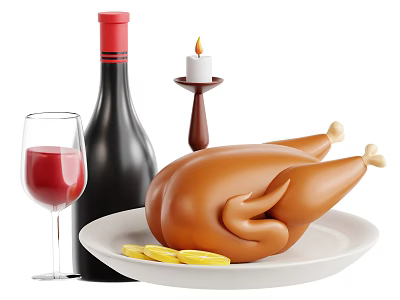 Roast Chicken On White Plate With Lemon Slices Red Wine Glass Bottle And Candle 3d model